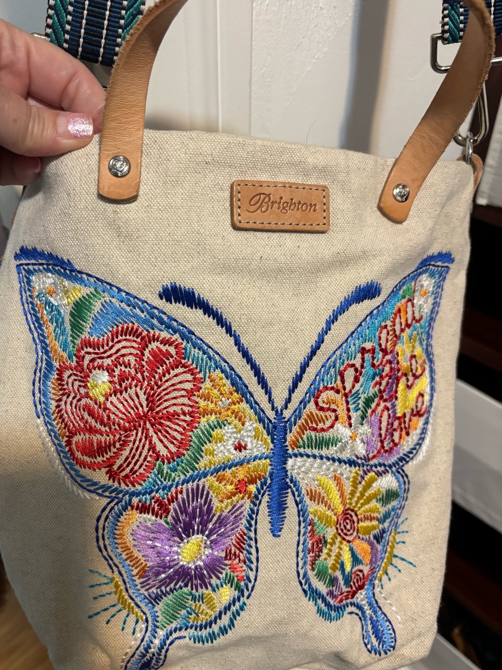 Brighton Cream Canvas Tote with Multicolor Embroidered Butterfly